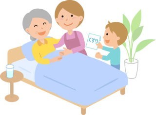 ベッドに横たわる高齢者と家族